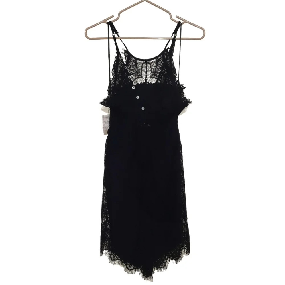 FREE PEOPLE Lace Mini Dress Slip Bodycon Eyelash Lace Halter Black LBD XS 0 2 - Picture 5 of 10